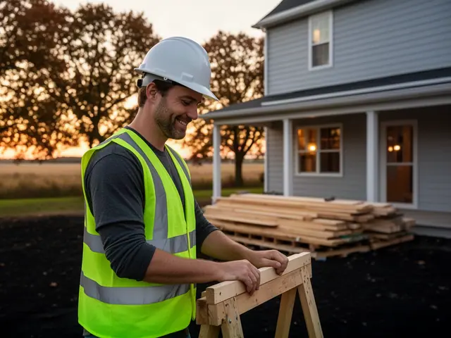 A builder in a hard hat and safety vest on a home construction site.