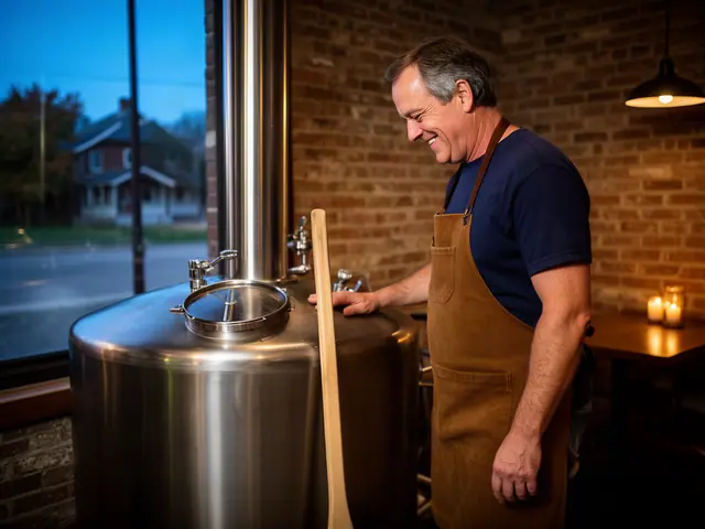 A man with short brown hair going gray beside new equipment in a small brewpub restaurant.