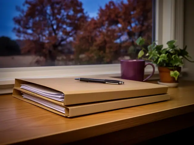 A neat stack of closed manila folders and a pen on a desk by a window.