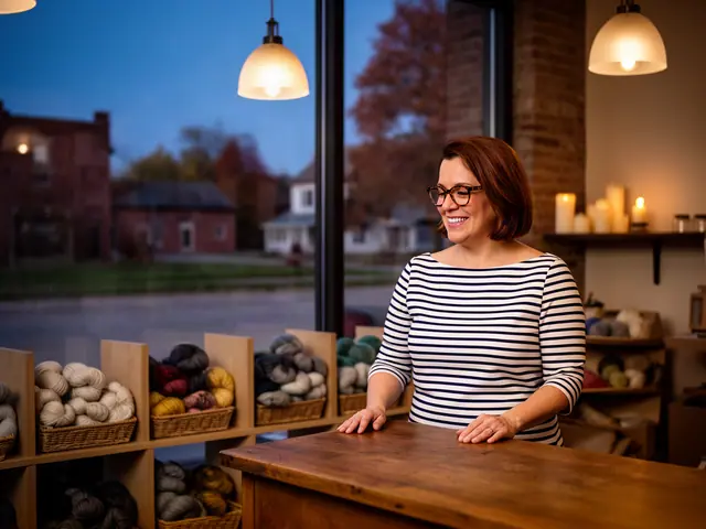 A shop owner behind the counter of a small yarn and knitting shop.
