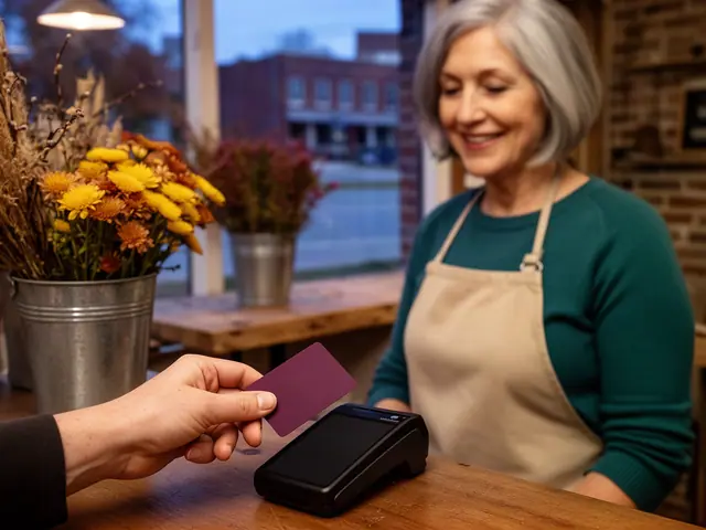 A customer taps a card on a counter terminal at a small florist shop.