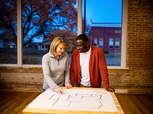 Two business partners looking over a pencil floor sketch in an empty storefront.